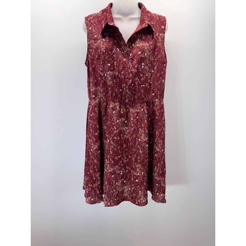 Allegra K Women's Collared Button Up Midi Floral Dress Dark Red X-Large